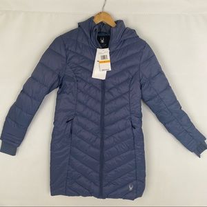 Spyder Winter Jacket Long Coat Down Puffer Insulated Women’s Size S Blue NEW NWT